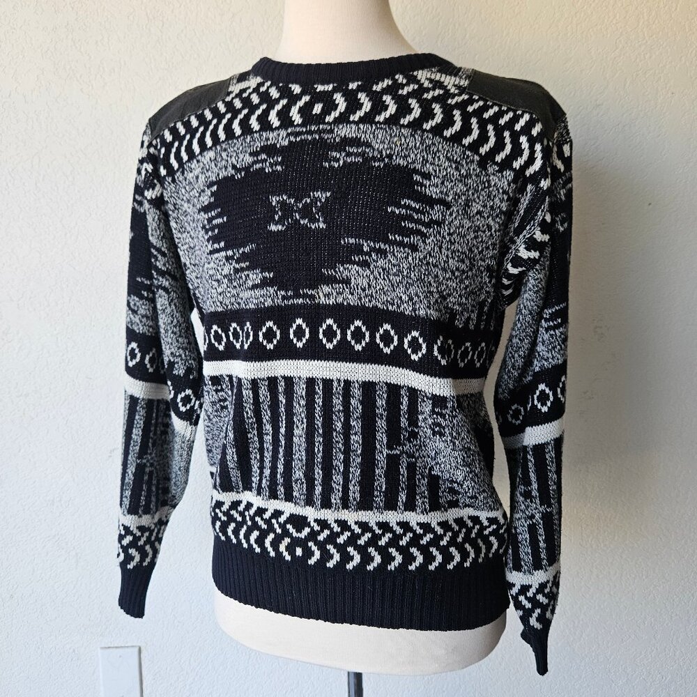 Vintage 80s‎ 90s Black White Aztec Ikat Southwestern Leather Acrylic Sweater L